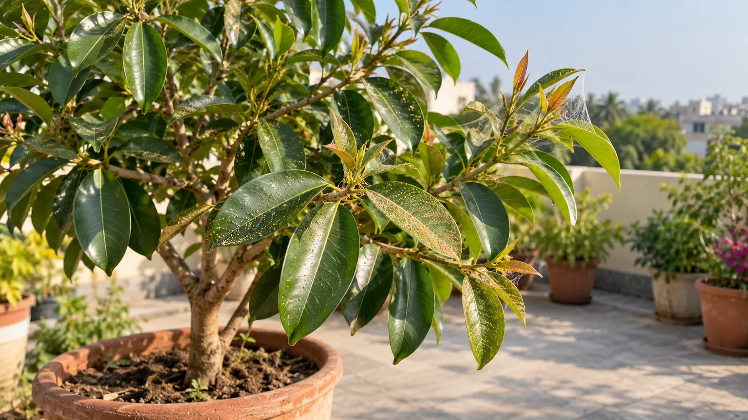 Spider mites on Jamun - stippled bronzed leaves with fine webbing