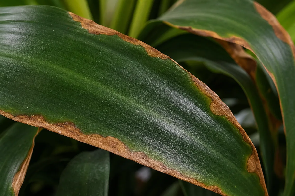 Close-up of Brown Leaves on Janet Craig Dracaena - diagnostic detail