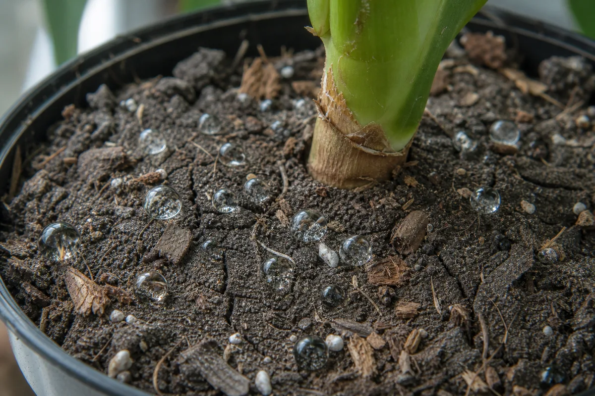 A close view of dry hydrophobic medium around dracaena roots