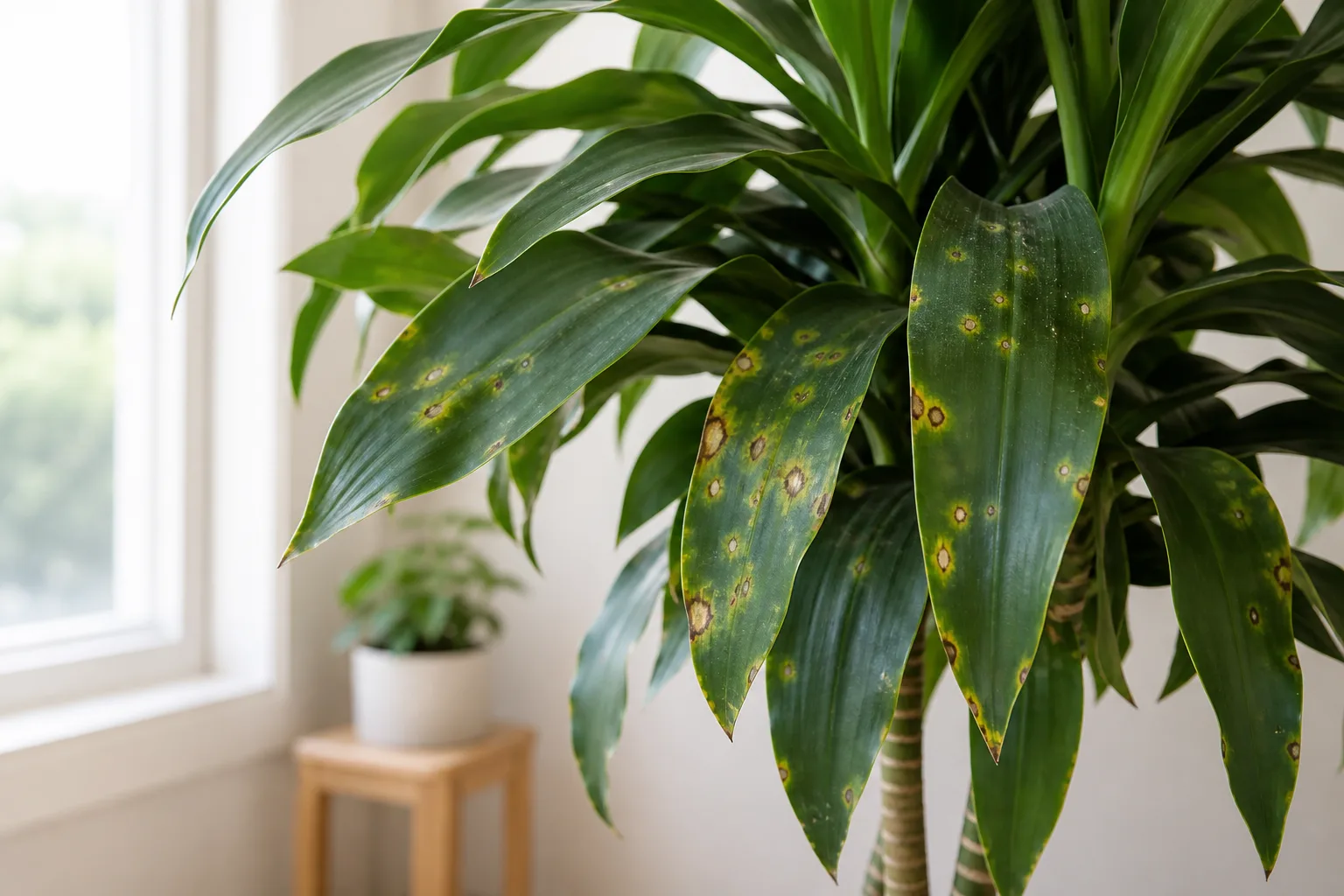 Leaf Spot Disease on Janet Craig Dracaena - visible symptom on the plant