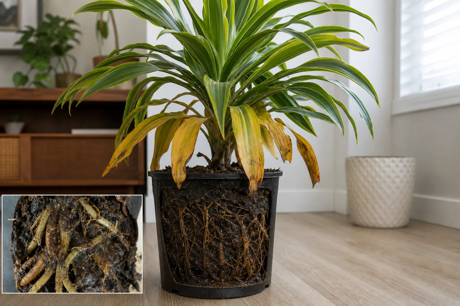 Root Rot on Janet Craig Dracaena - visible symptom on the plant