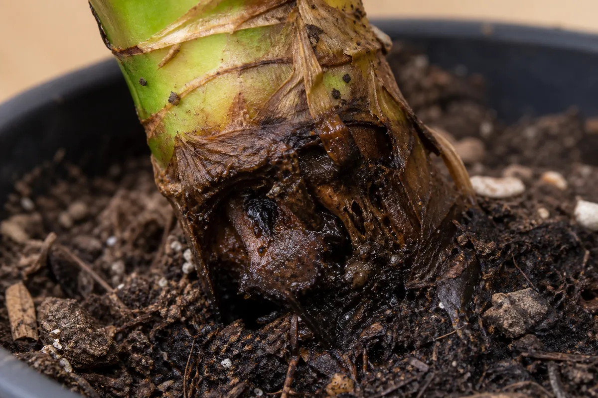 Close-up of Stem Rot on Janet Craig Dracaena - diagnostic detail