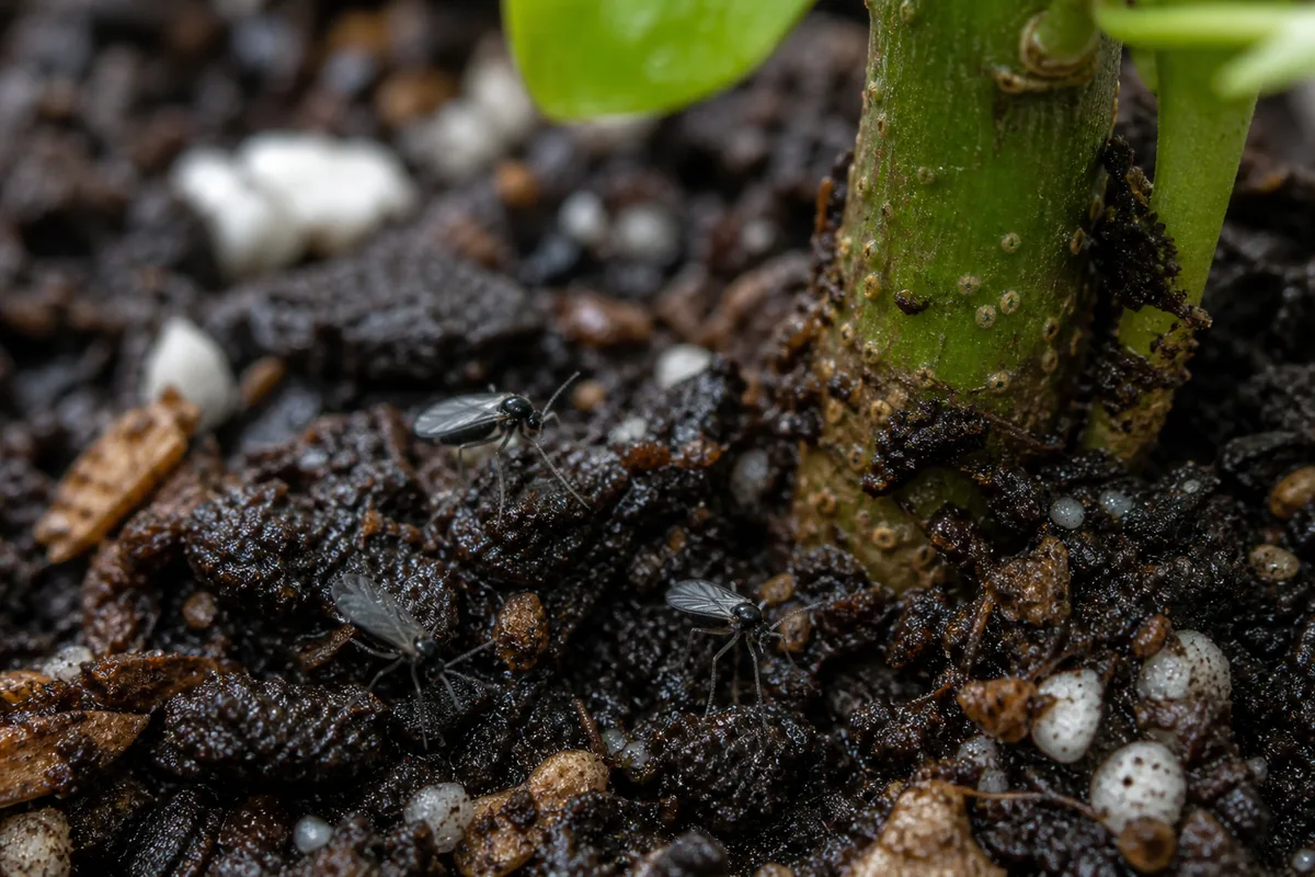 Close-up of Fungus Gnats on Jasmine - diagnostic detail