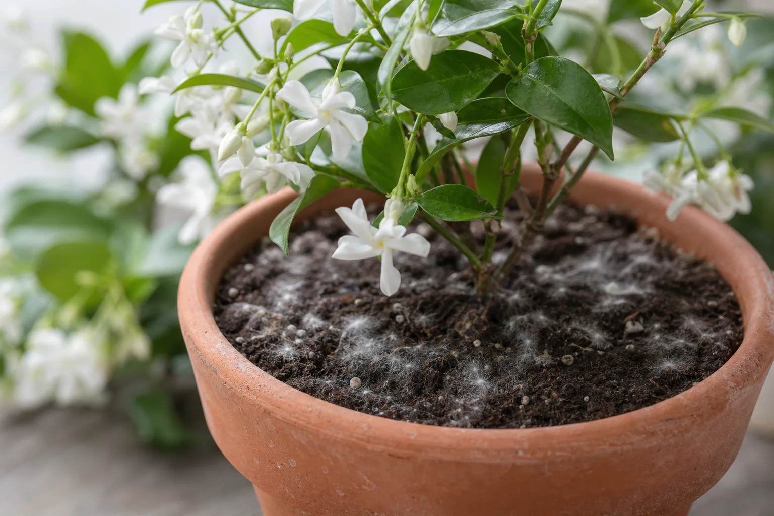 Mold on Soil on Jasmine - visible symptom on the plant