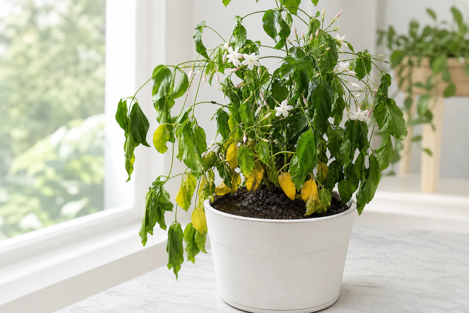 Overwatering on Jasmine - visible symptom on the plant