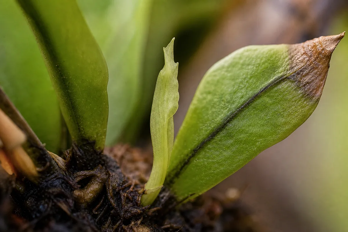 Close-up of Underwatering on Java Fern - diagnostic detail