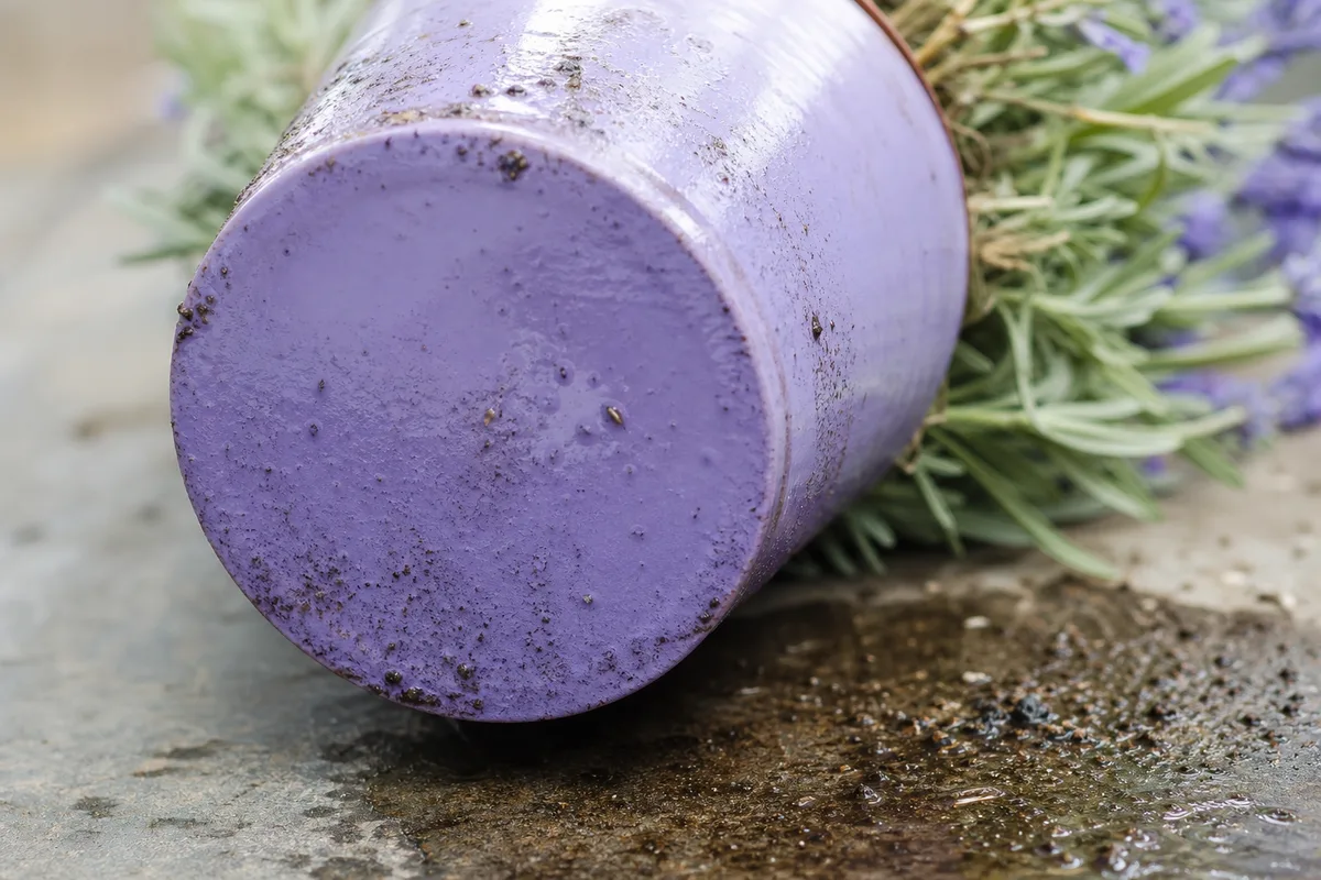 Close-up of No Drainage Hole on Lavender - diagnostic detail