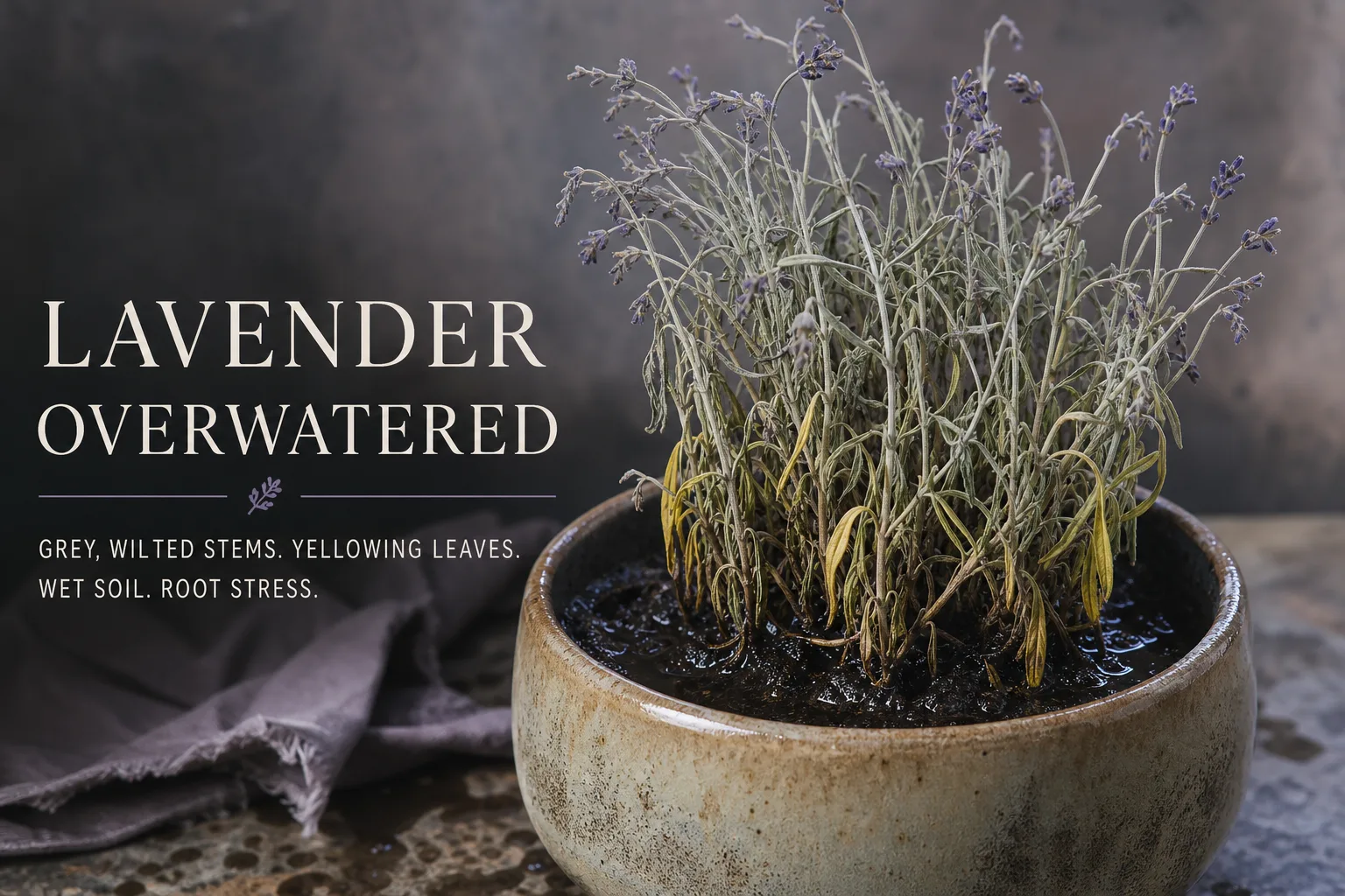 Overwatered lavender from chronic wet soil