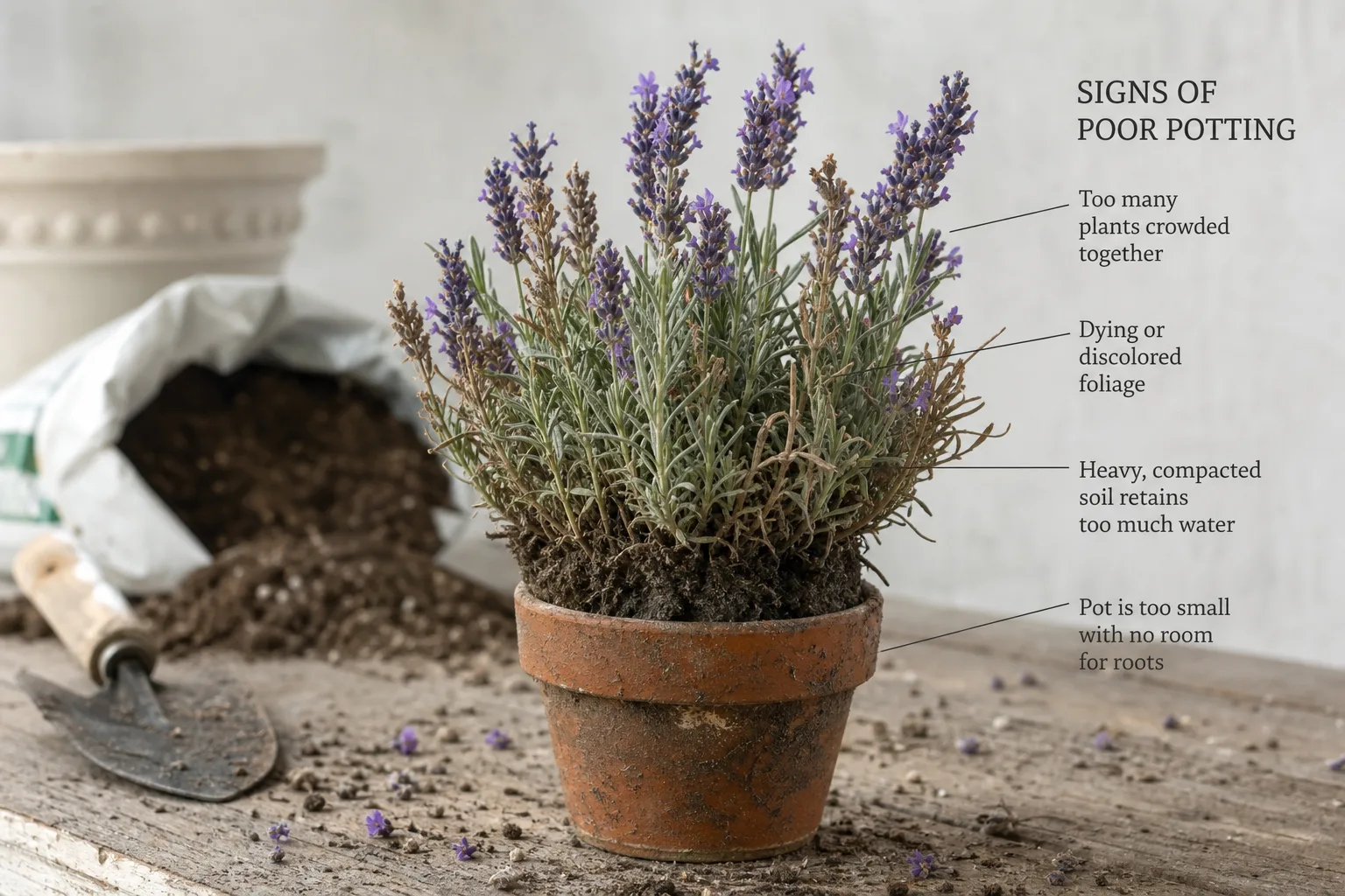 Poor Potting Setup on Lavender - visible symptom on the plant