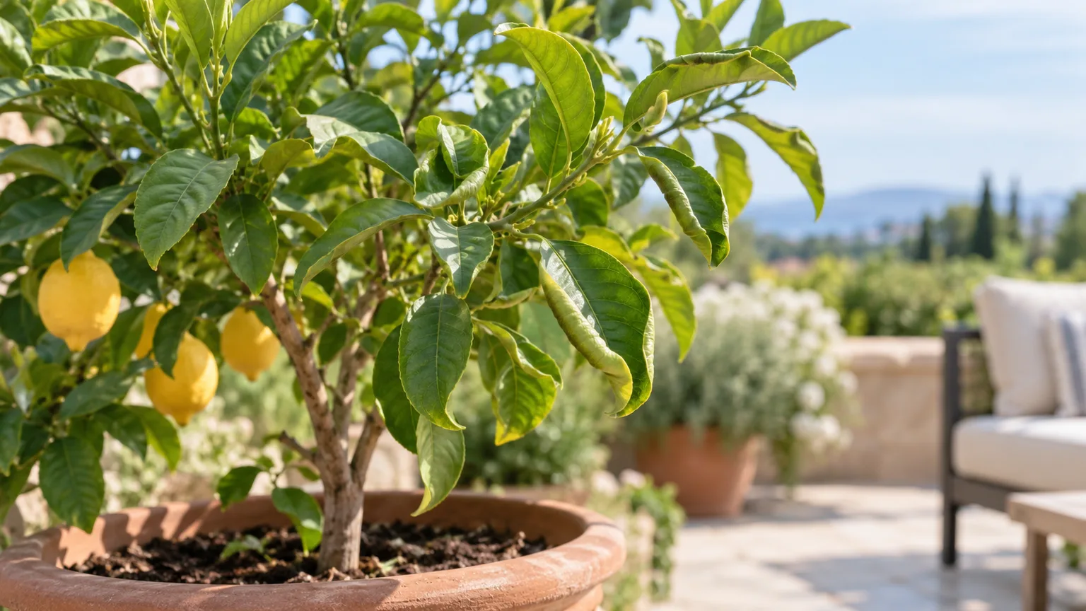 Lemon tree with several curled leaves showing mild stress