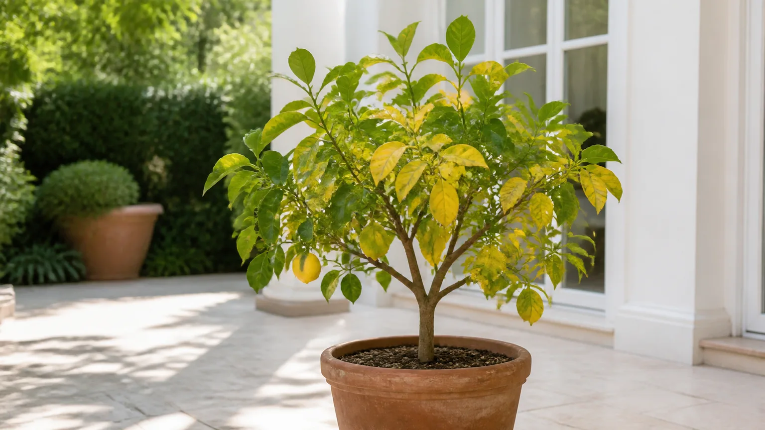 Lemon tree with mild to moderate yellowing across otherwise green foliage