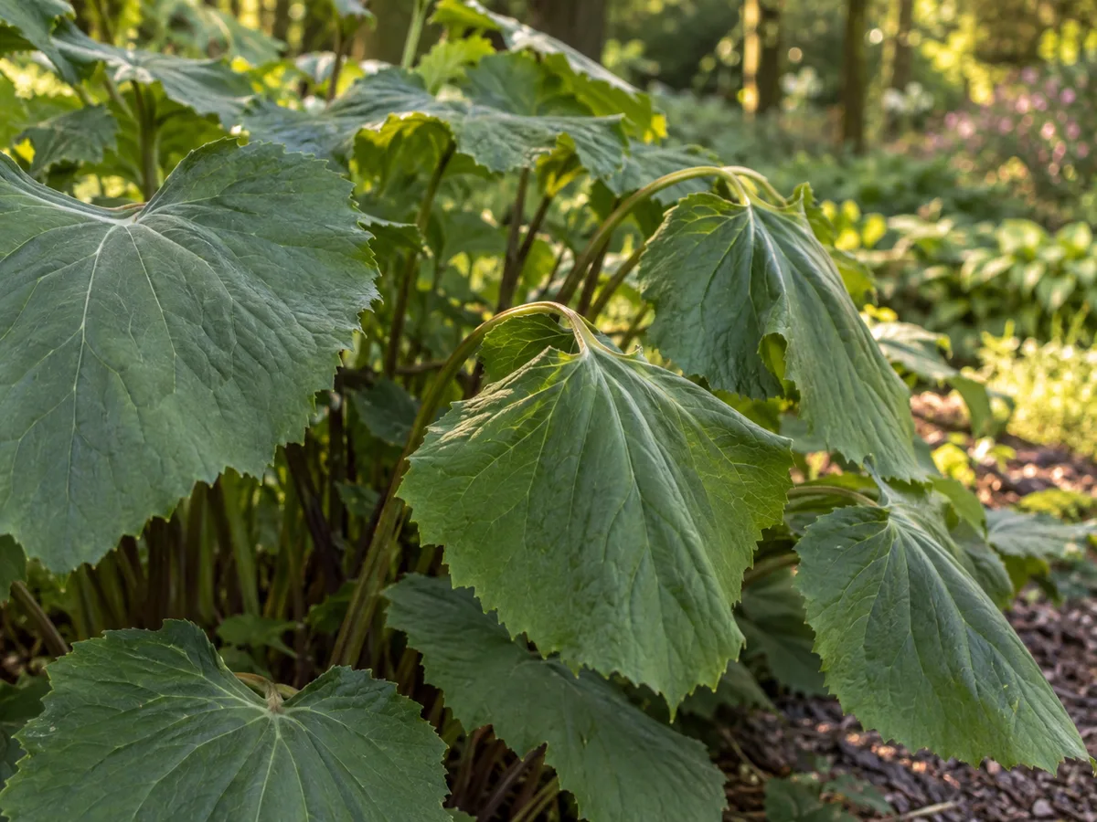 Ligularia leaves gently drooping during warm afternoon heat while remaining green and undamaged.