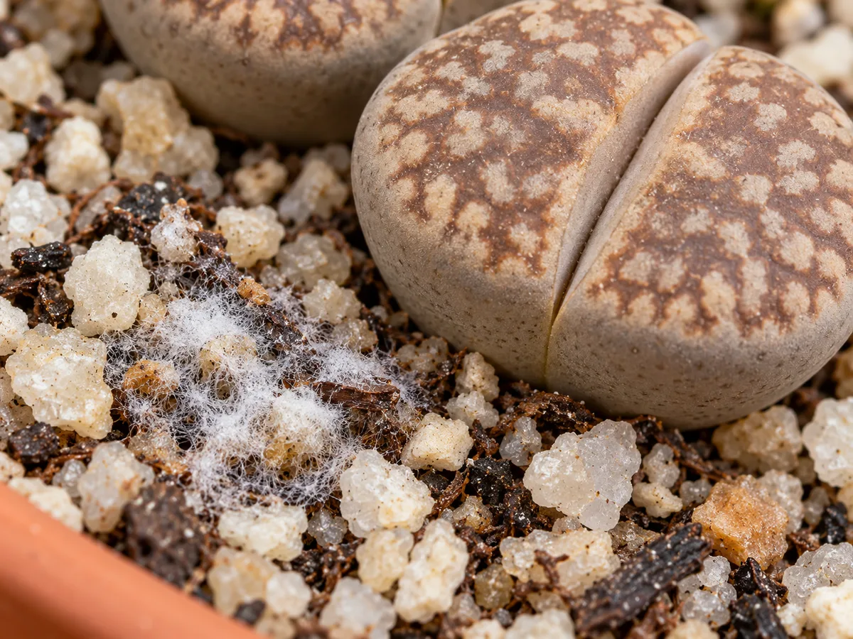 Close-up of mold on soil on Lithops - white fuzz on gritty mix around leaf bodies
