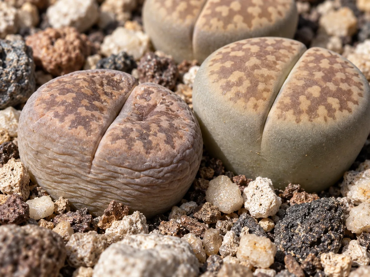 Close-up of wilting on Lithops - wrinkled flanks and sunken top
