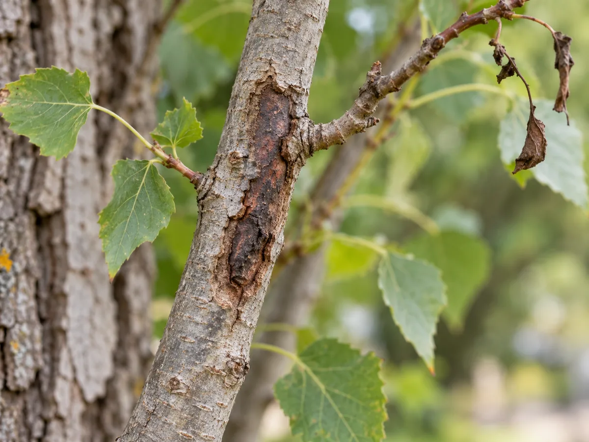 A dark, sunken Cytospora canker on a Lombardy poplar branch with slight nearby twig dieback.