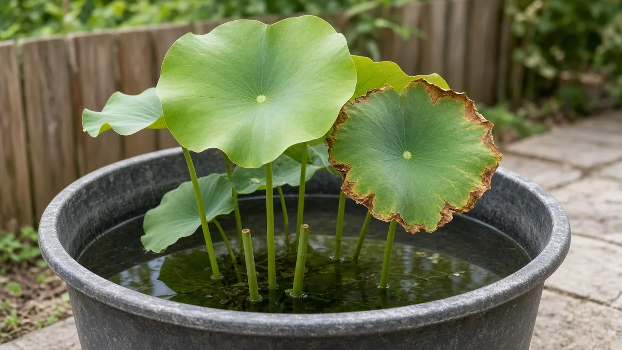 Brown tips on sacred lotus - tan crispy margins on round aerial leaves above a sunny water tub