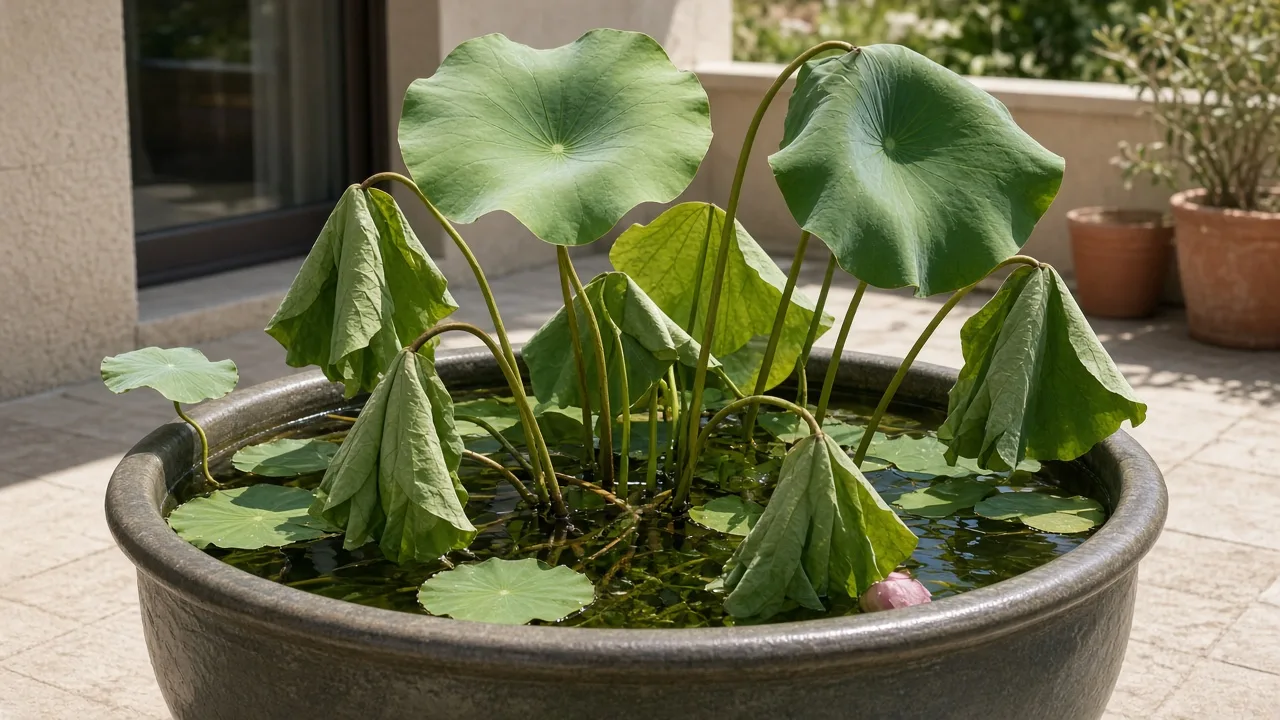 Drooping leaves on sacred lotus - limp aerial pads bending toward the water in a sunny tub