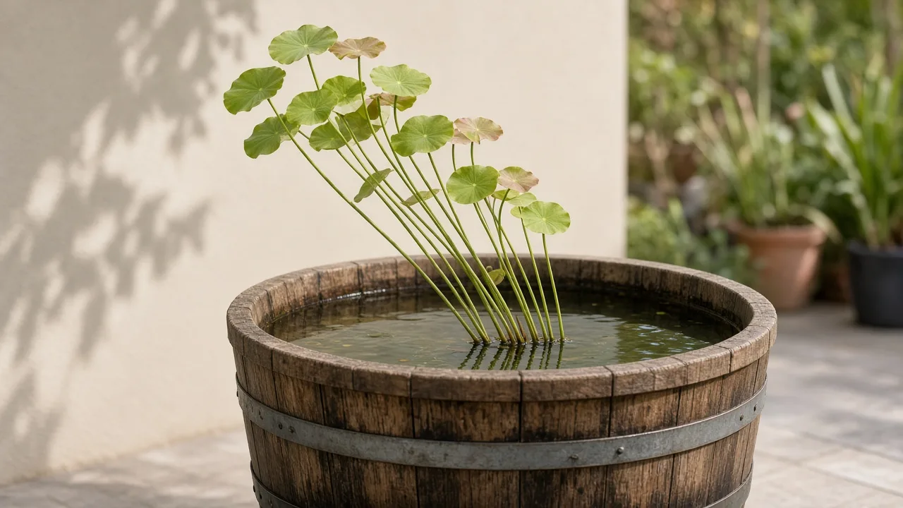 Leggy growth on sacred lotus - thin petioles and small aerial leaves leaning toward sunlight in a water container