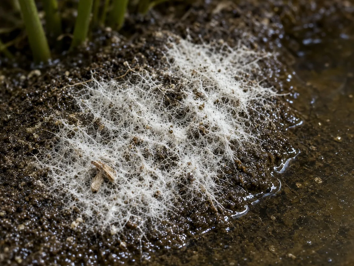 Close-up of mold on soil on Lotus - diagnostic detail