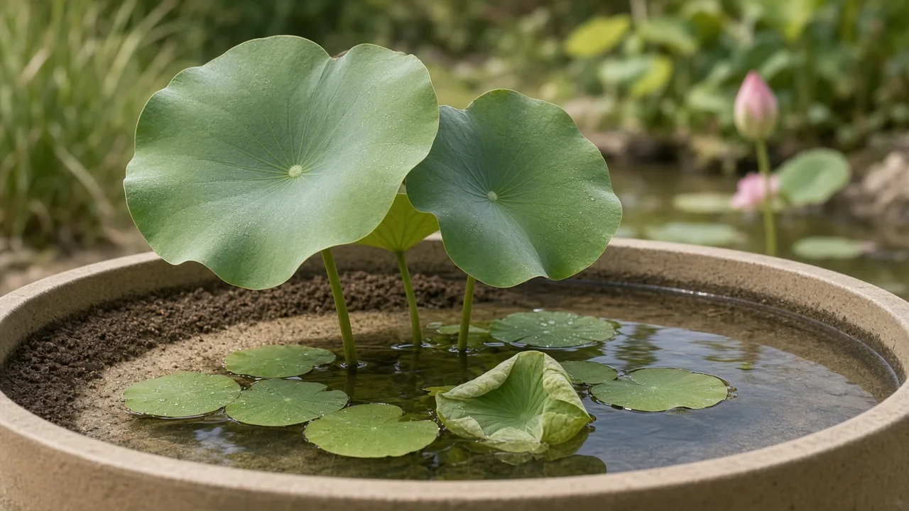 Overwatering on Lotus - young leaves failing below the water surface in a shallow tub