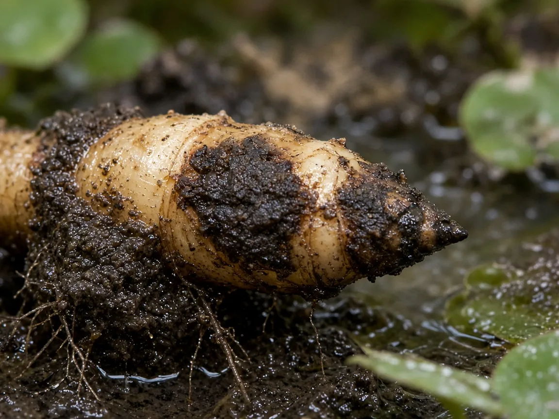 Close-up of root rot on lotus rhizome — soft black tissue at the growing tip