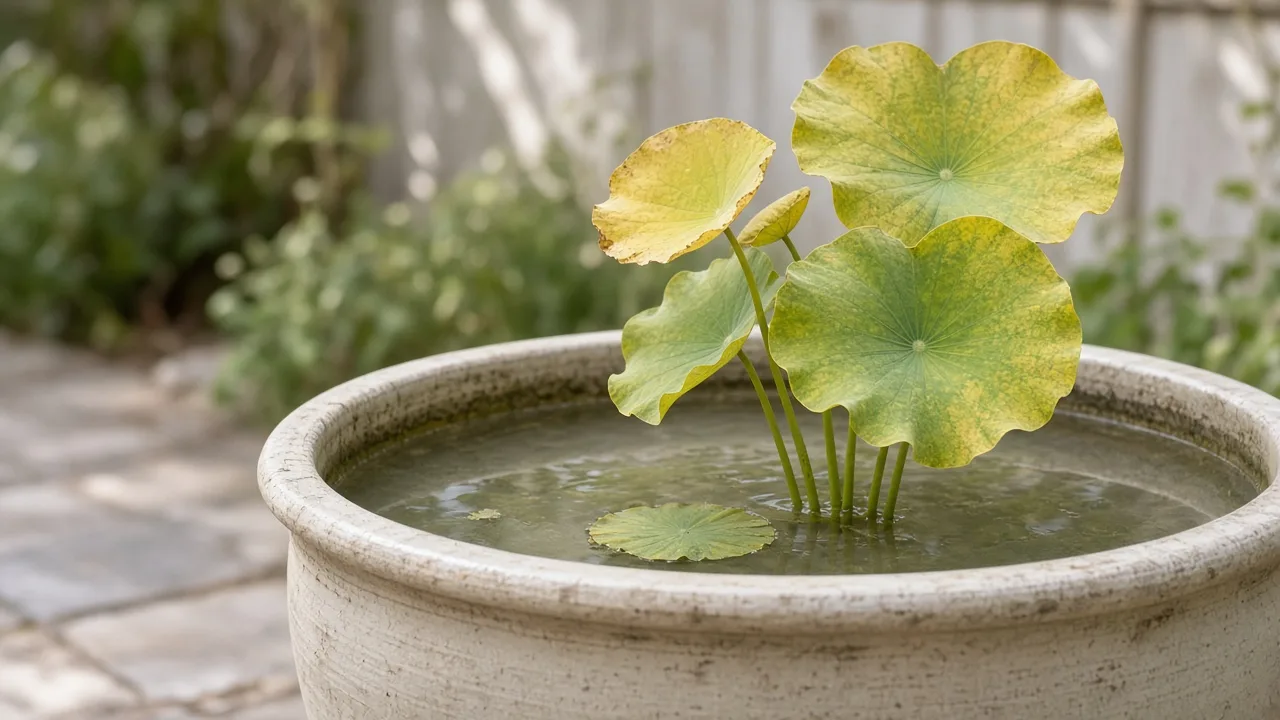 Root rot on Lotus — yellowing aerial leaves and stalled growth in a shallow outdoor lotus tub