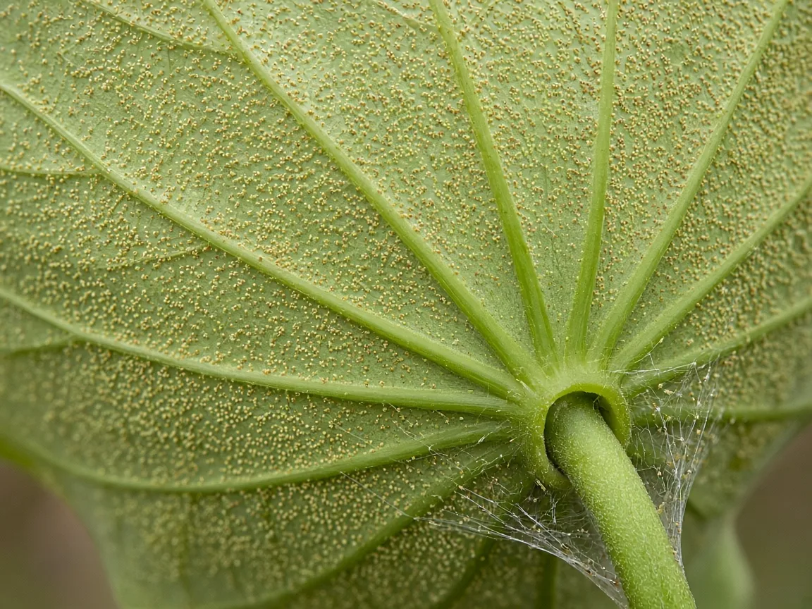 Close-up of spider mites on sacred lotus - stippling and webbing on a round leaf underside at the petiole joint