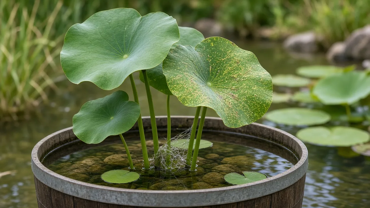 Spider mites on sacred lotus - stippling and fine webbing on round aerial leaves above a sunny pond tub