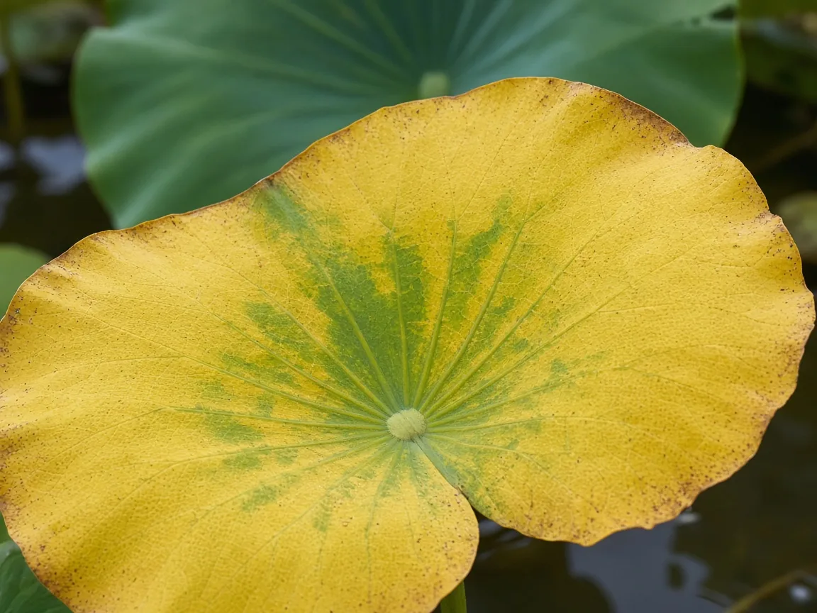 Close-up of yellowing on an older sacred lotus pad while a greener leaf rises on a stiff stalk above the water