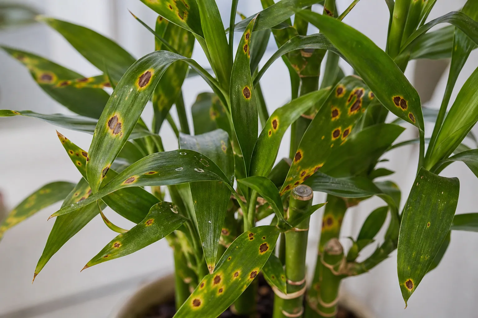 Leaf Spot Disease on Lucky Bamboo - visible symptom on the plant