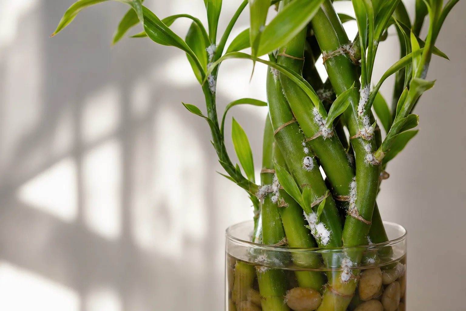 Mealybugs on Lucky Bamboo - visible symptom on the plant