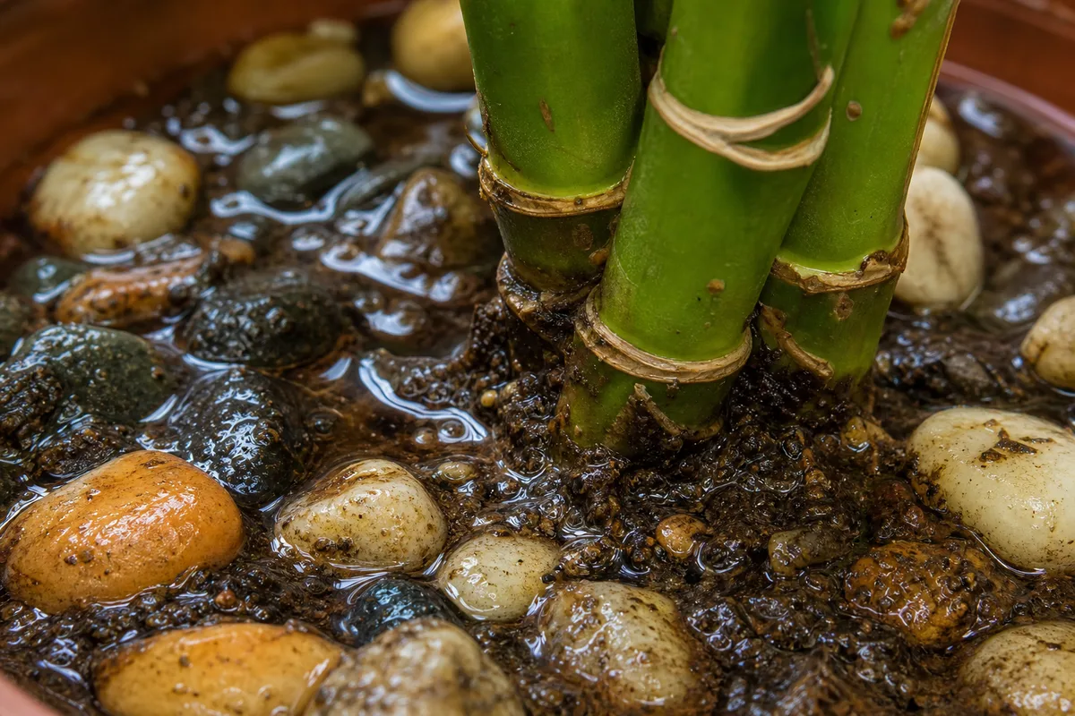 Close-up of Poor Drainage on Lucky Bamboo - diagnostic detail