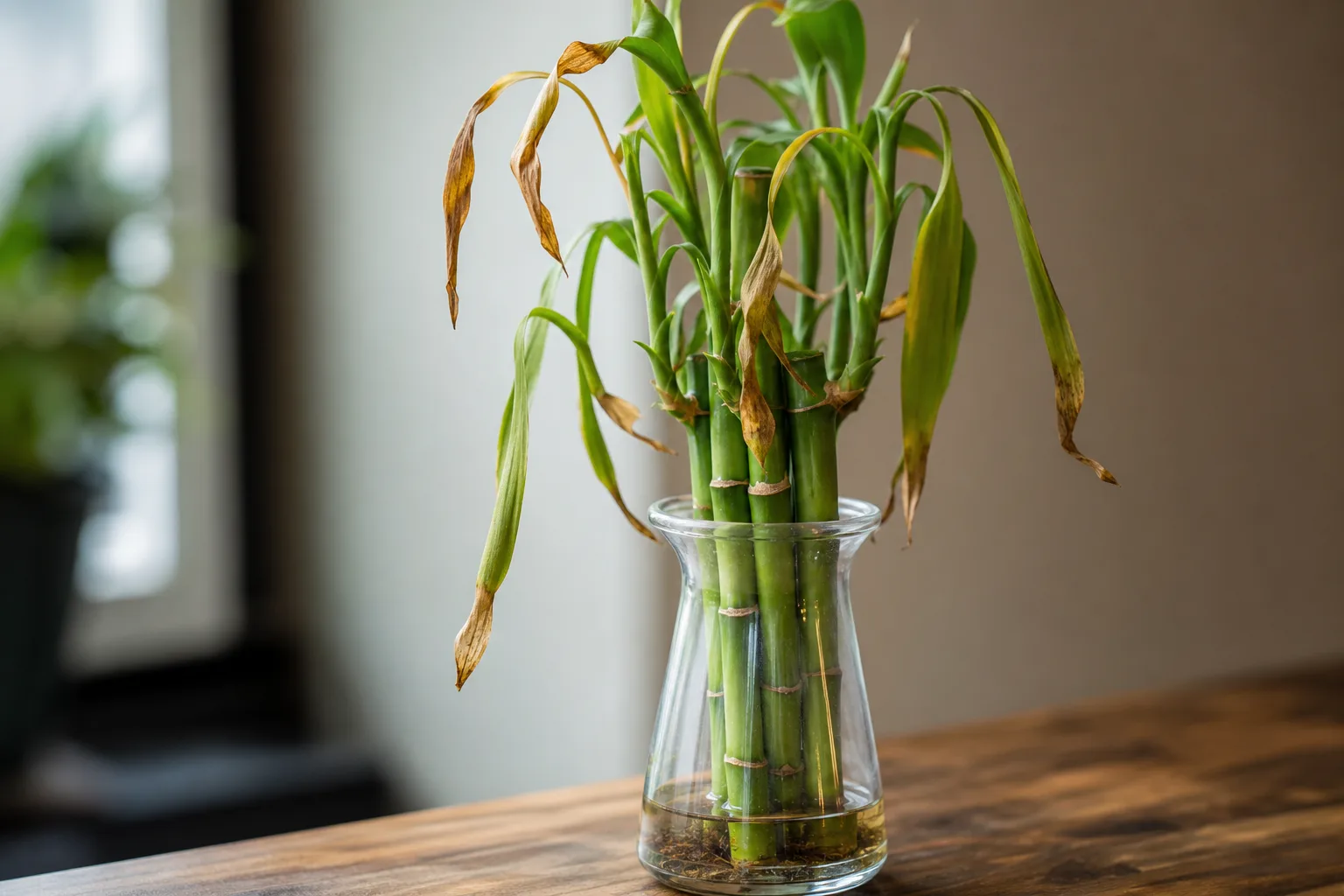 Underwatering on Lucky Bamboo - visible symptom on the plant