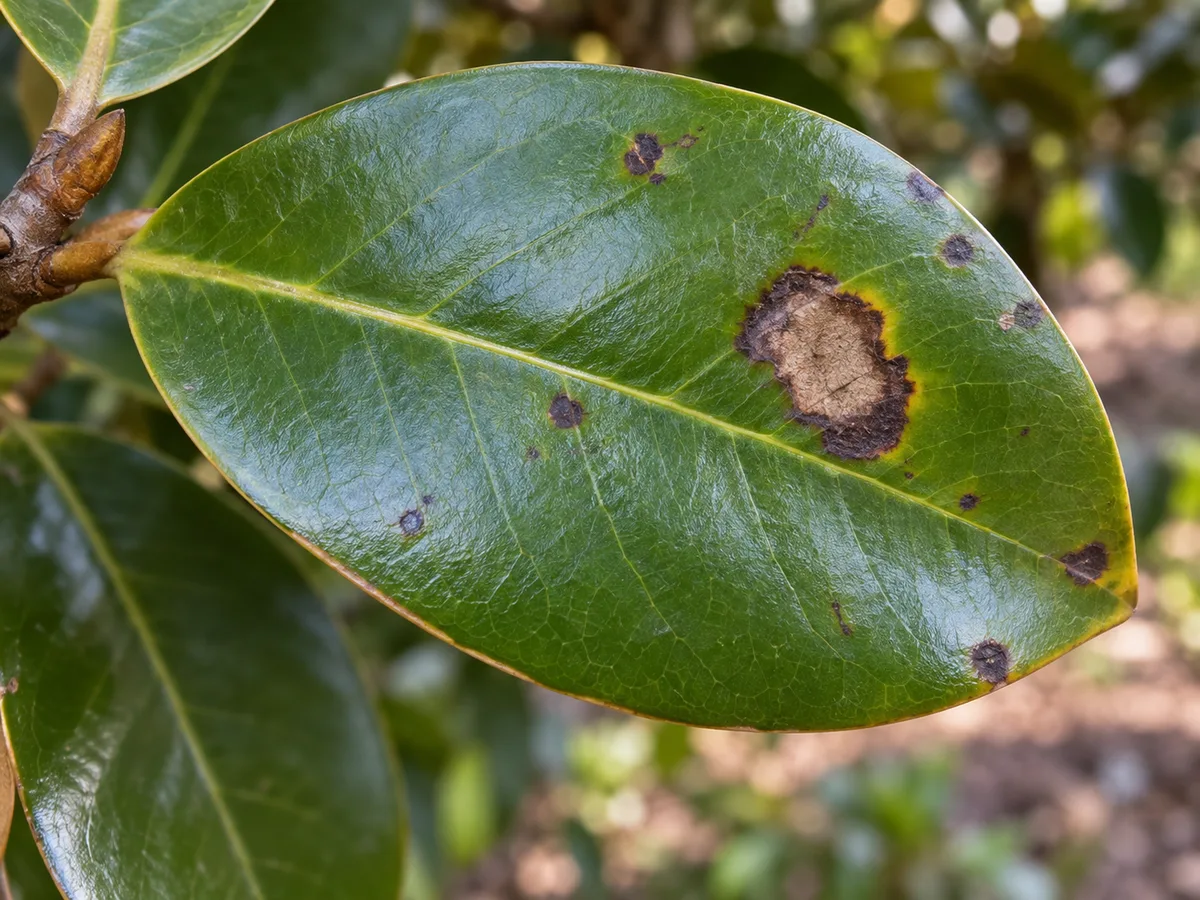 Magnolia foliage showing distinct dark leaf lesions with pale centers and darker borders