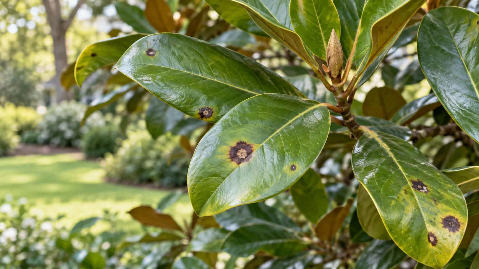 Dark leaf spot lesions on otherwise green magnolia leaves