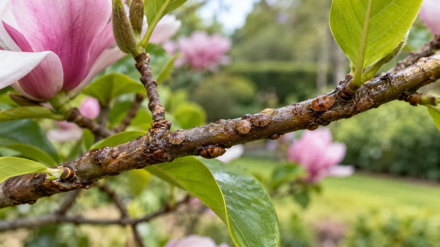 Tan and reddish brown magnolia scale insects attached to a magnolia twig