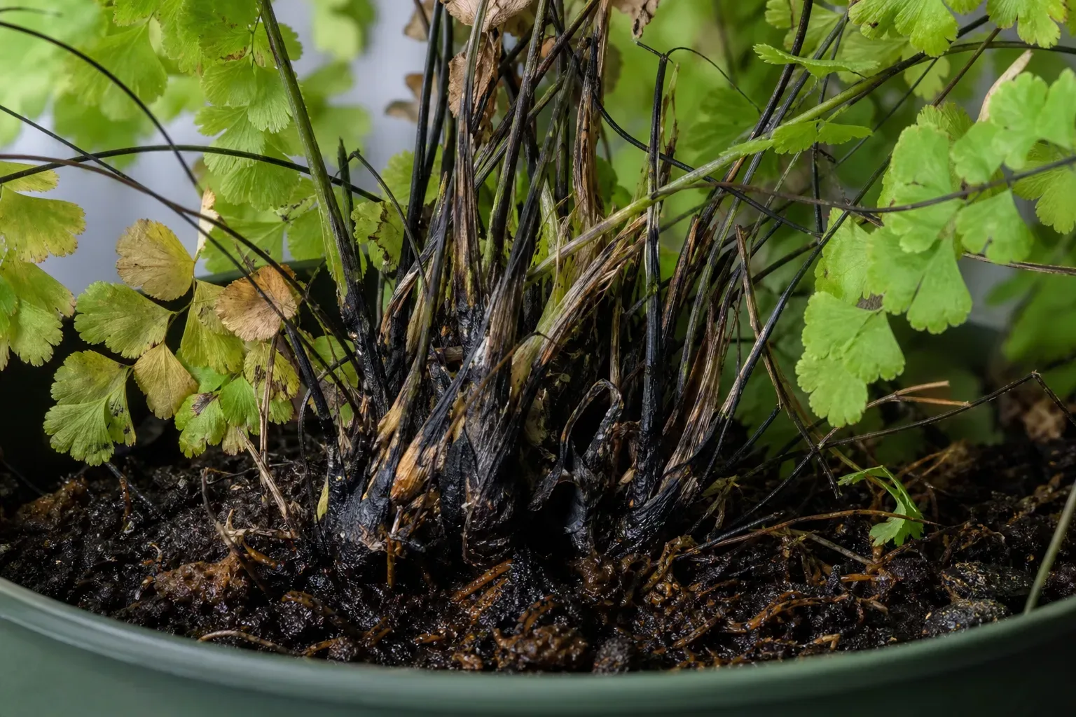 Stem Rot on Maidenhair Fern - visible symptom on the plant