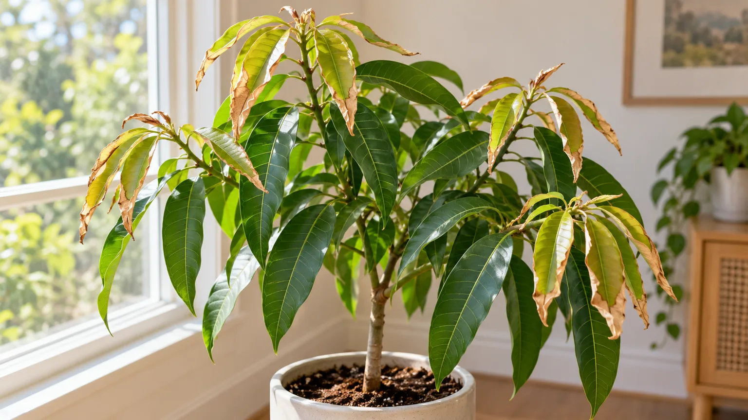 Low humidity on Mango - crispy brown margins on new flush leaves