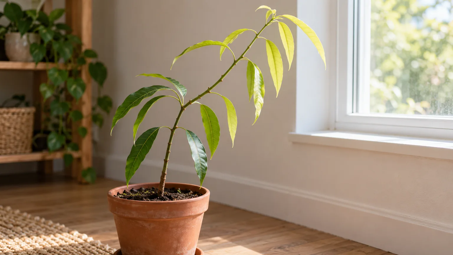 Not enough light on mango - stretched pale flushes and sparse canopy