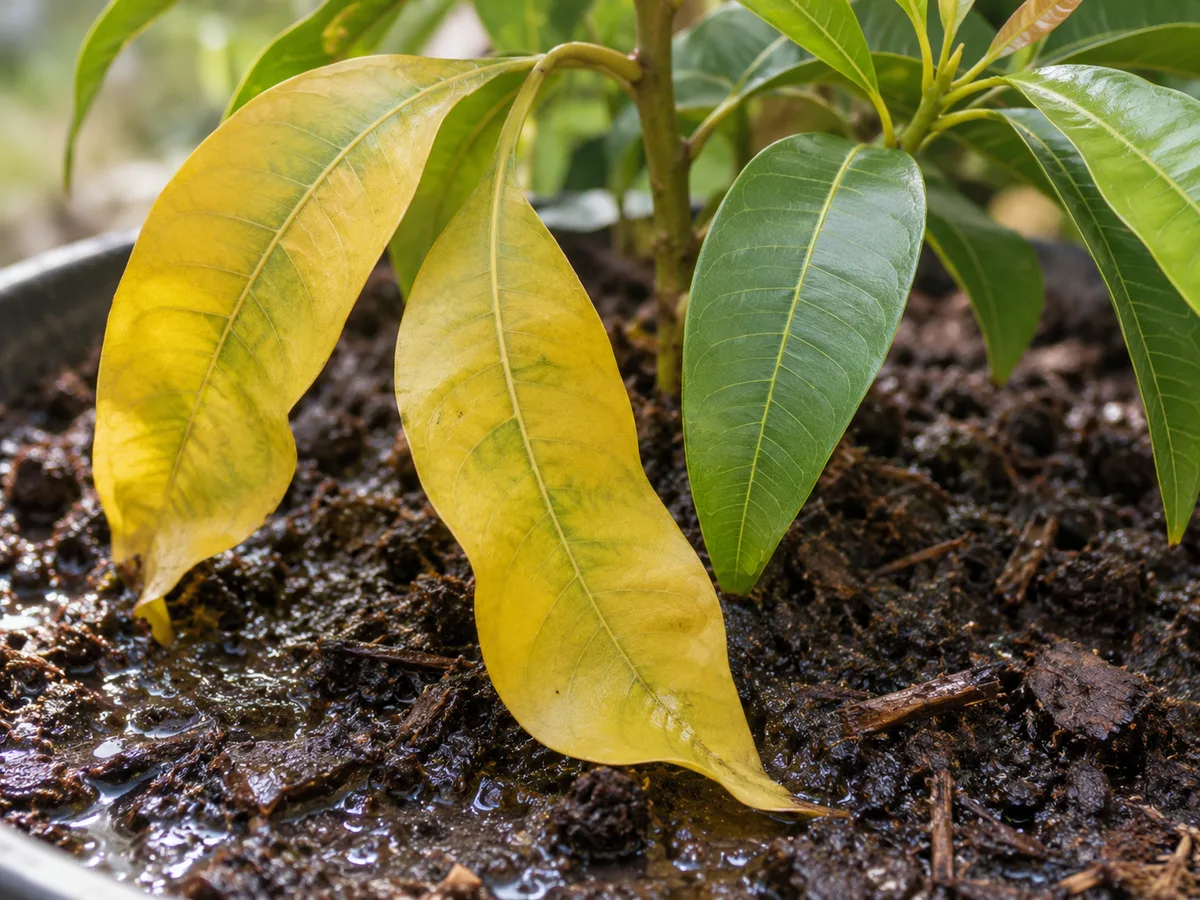 Close-up of overwatering on Mango - yellowing limp leaves and soggy soil surface on a young mango tree