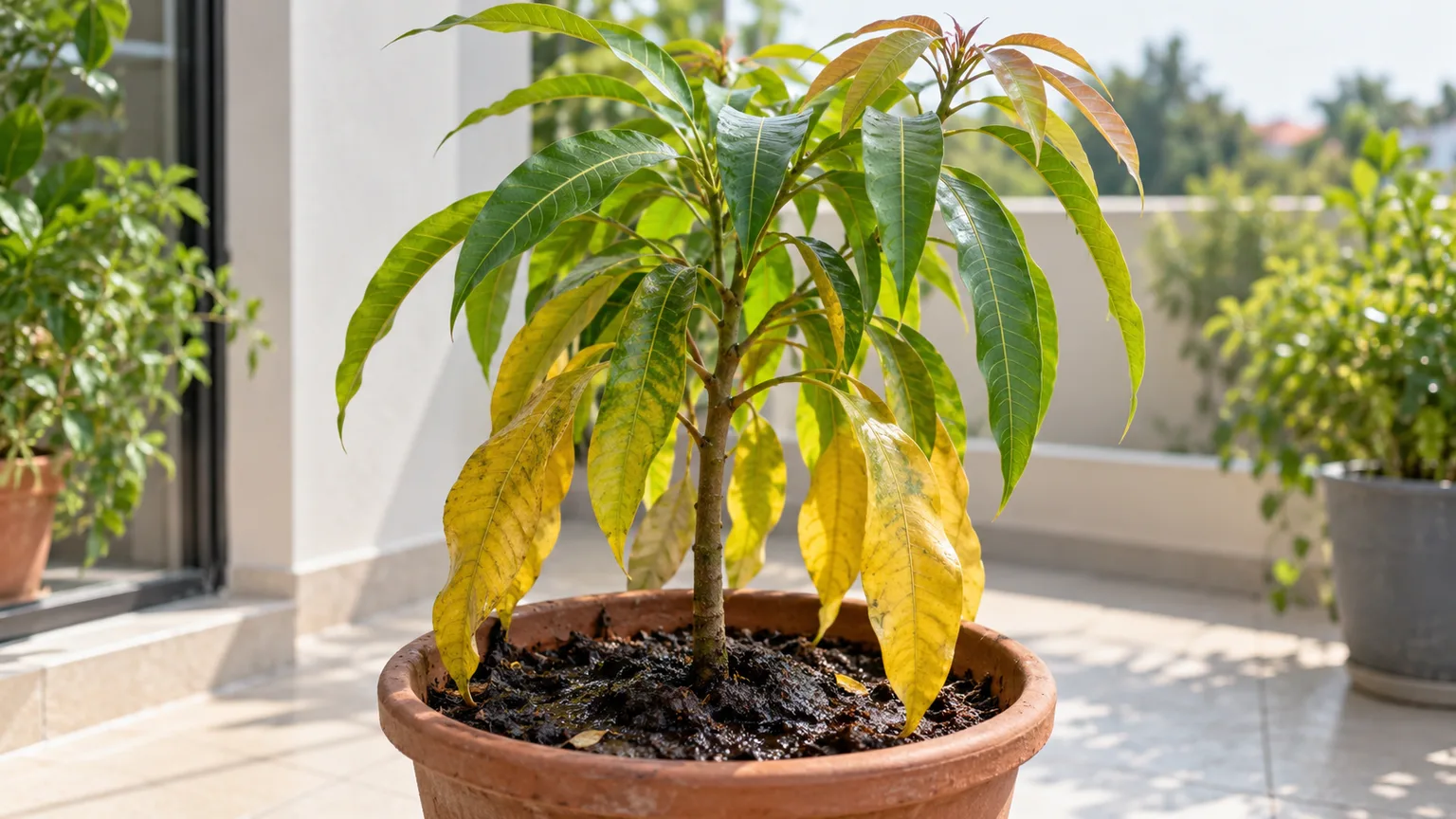 Overwatering on Mango - yellowing drooping leaves on a young mango tree in soggy, poorly draining soil