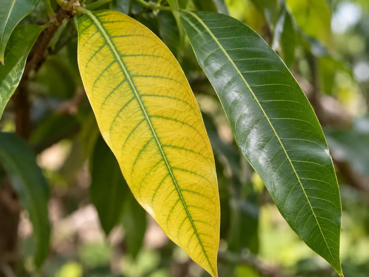 Close-up of yellowing on Mango foliage - diagnostic detail