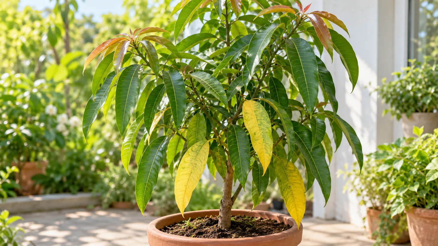 Yellow leaves on Mango - older foliage yellowing on a container tree