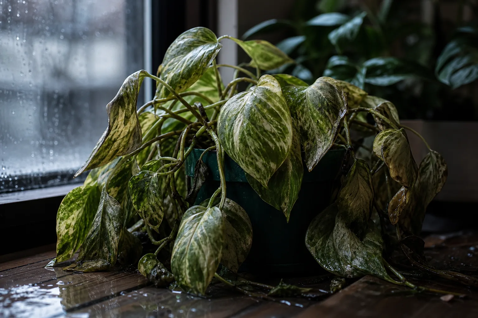 Blackened cold injury on aroid leaves after chill exposure — triage before you water or fertilize