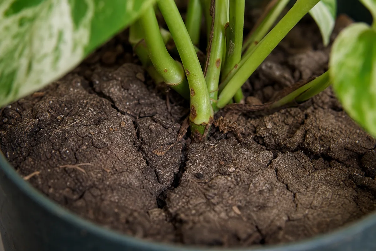Close-up of Compacted Soil on Manjula Pothos - diagnostic detail