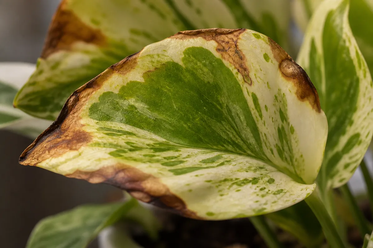 Close-up of Fertilizer Burn on Manjula Pothos - diagnostic detail