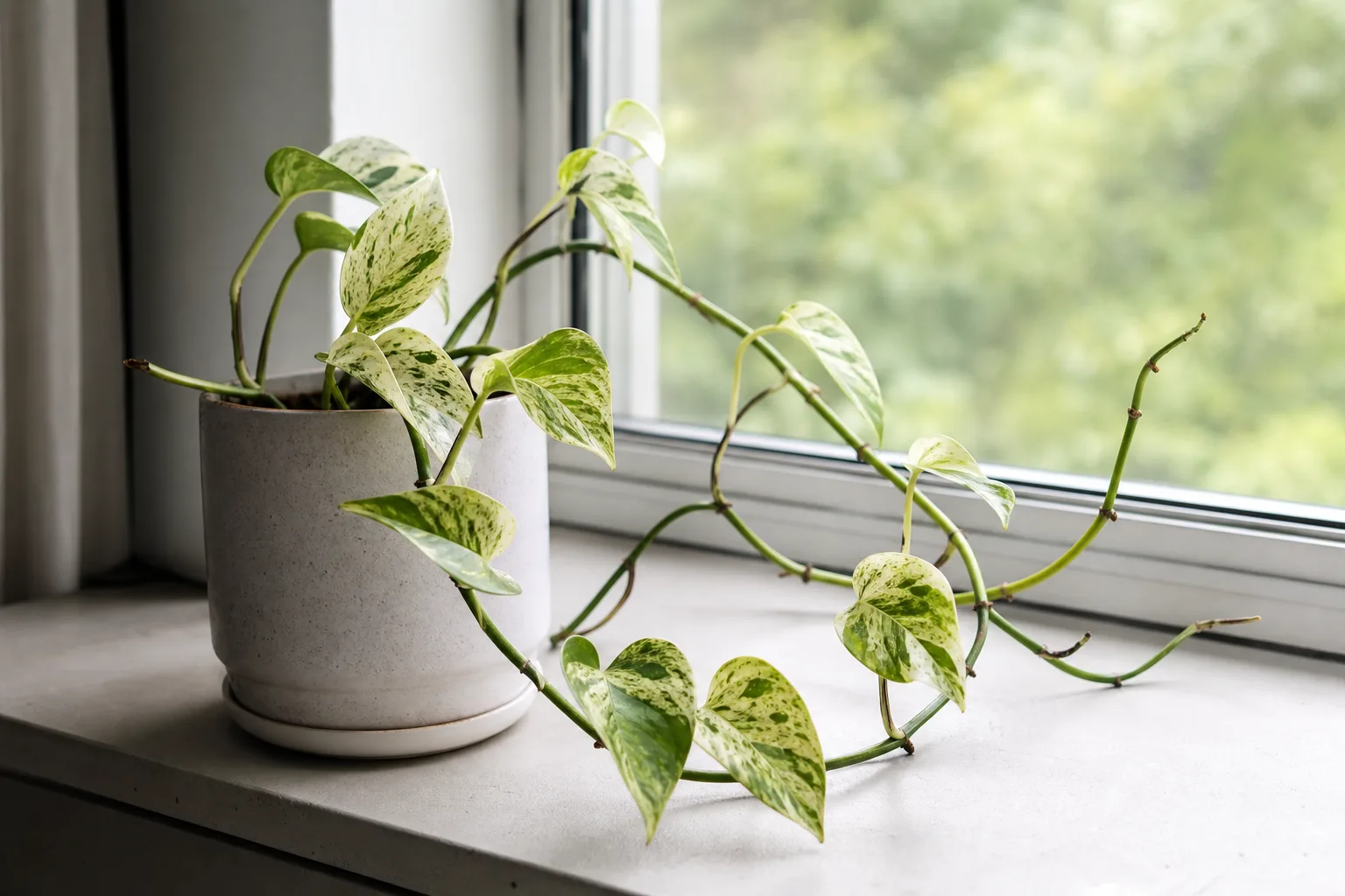 A Manjula pothos with no visible new growth, useful for comparing the newest node and overall canopy condition