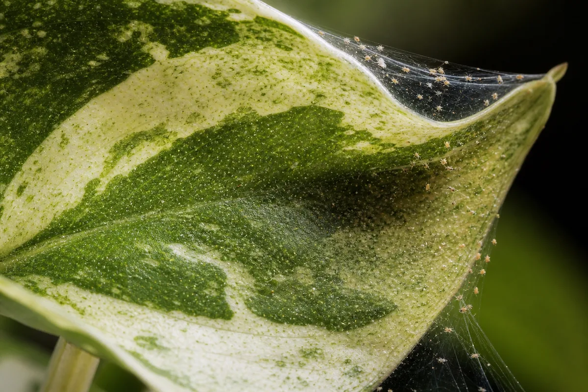 Close-up of Spider Mites on Manjula Pothos - diagnostic detail