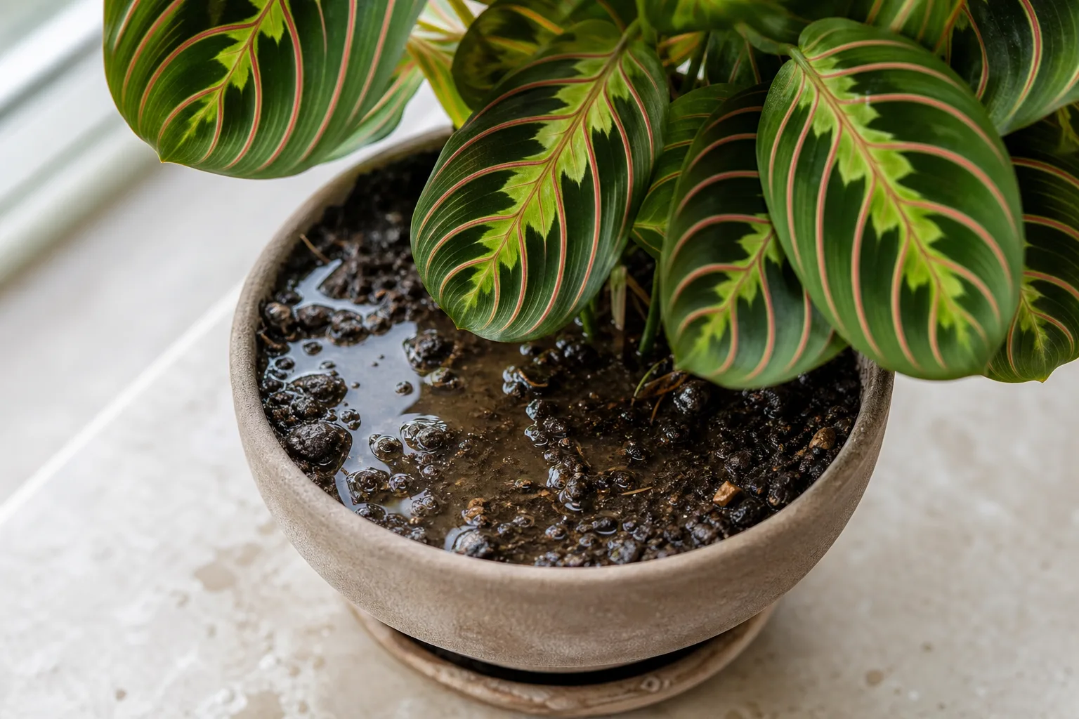 Dry Hydrophobic Soil on Maranta Leuconeura - visible symptom on the plant