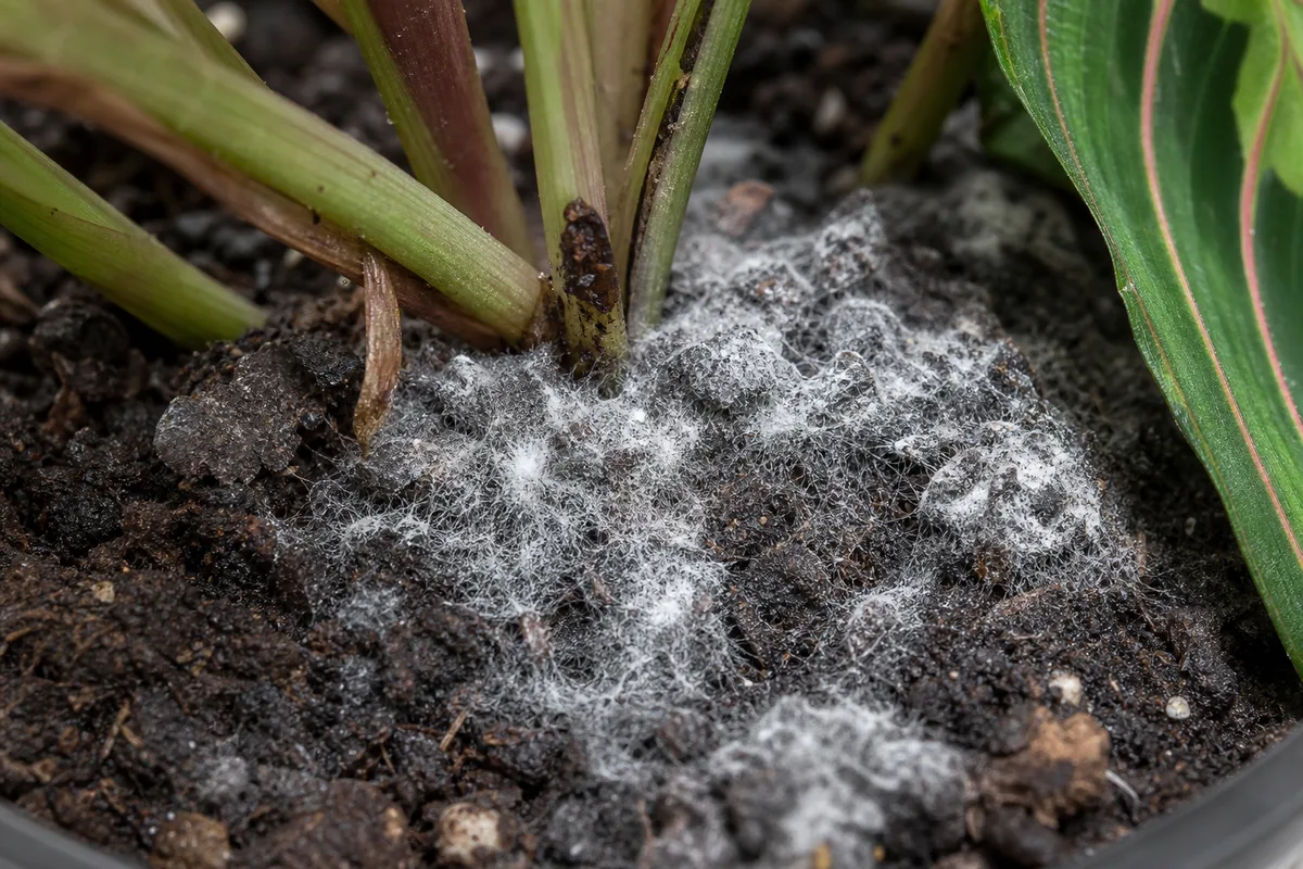 Close-up of Mold on Soil on Maranta Leuconeura - diagnostic detail